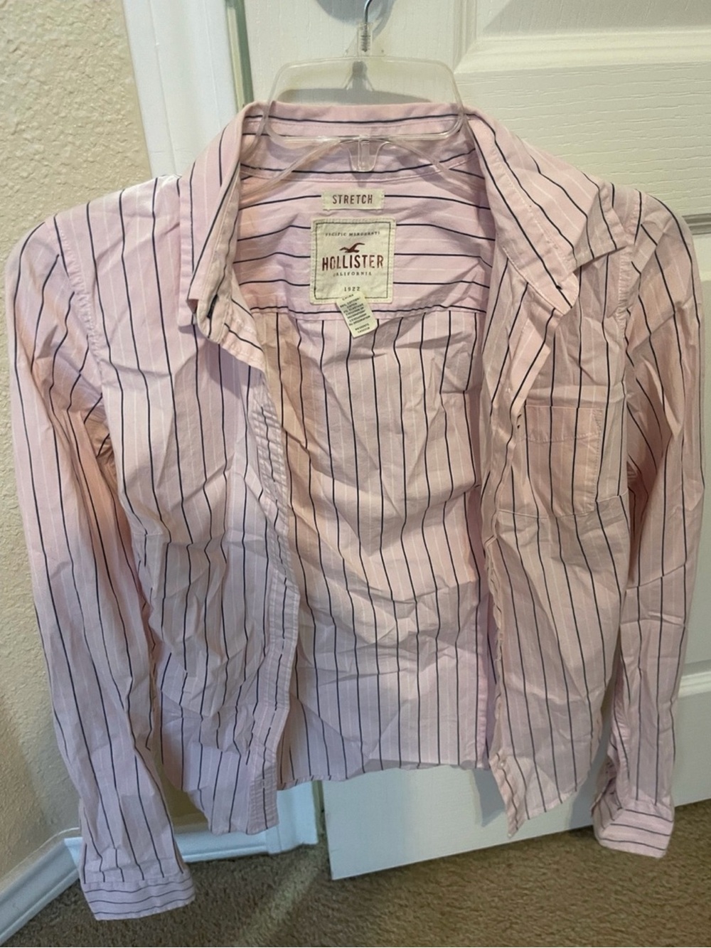 Hollister Pink and Navy Striped Stretch Button-Down Shirt